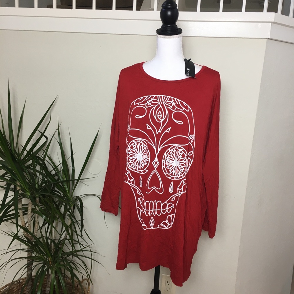 Allegra-K Red Oversize Top Sugar Skull Soft Loose